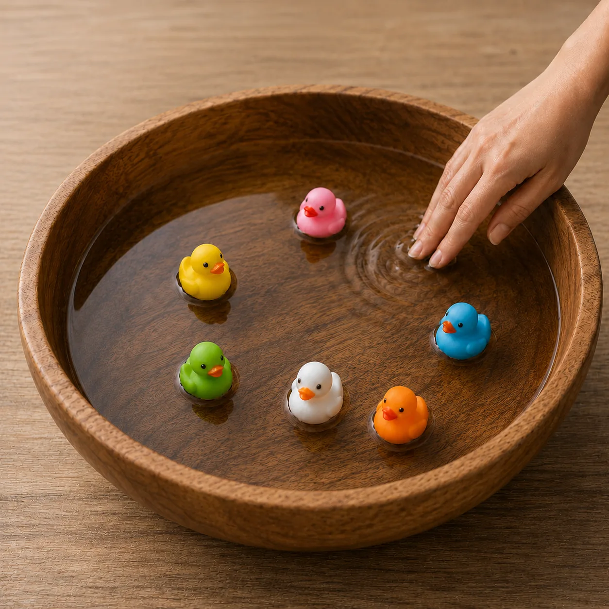 Piccole paperelle colorate in una ciotola di legno con acqua